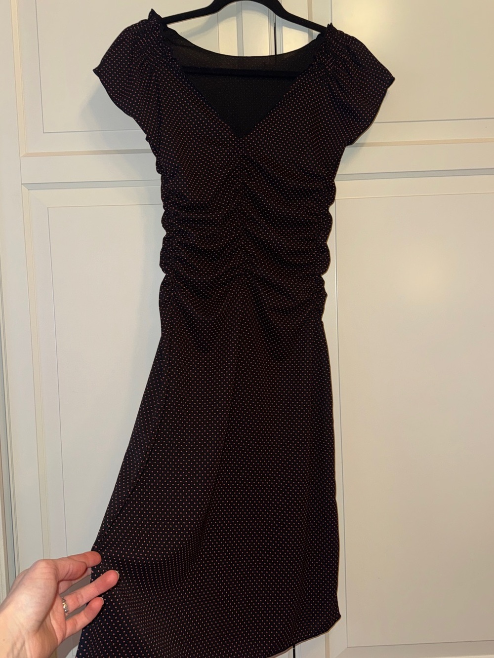 90s Express Black and Pink Polka Dot Ruched Cap-Sleeve stretch Dress (size S)